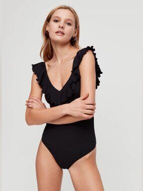Aritzia Wilfred Danette Bodysuit Ruffled V-Neck Sleeveless Black